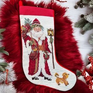 VTG Needlepoint Stocking Christmas Santa Clause St Nick Imperial Elegance Peking
